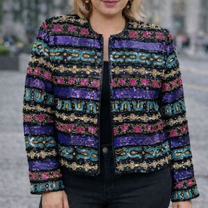Vintage 80s Sequin Beaded Jacket Size 10 Glam Art Deco Statement Evening Top